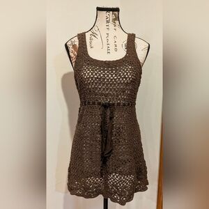 Tapemeasure 90''sbBrown Long Crochet Open Knit Tank Top Large Boho Tie Waist Vtg